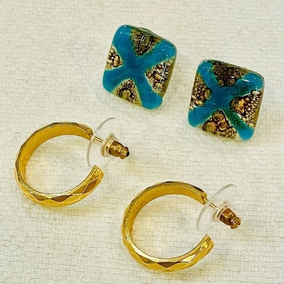 wells Jewelry - Wells 12k 1/20 yellow gold filled vintage hoops 3/4 inch glass art bead studs